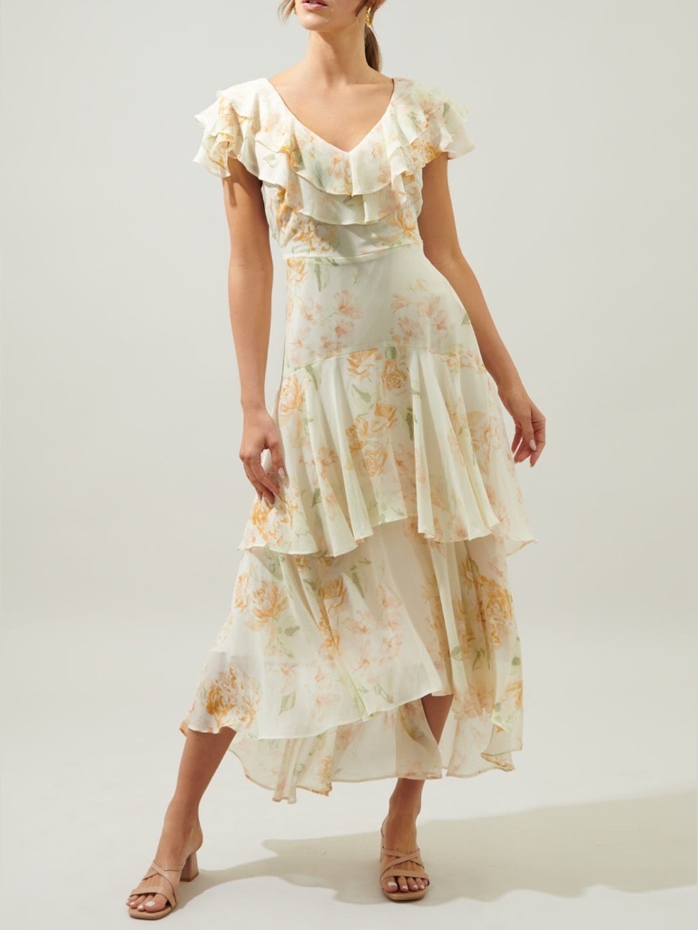 Sugarlips Once Upon A Time Ruffle Tiered Soft Floral Flowy Sinclair Midi Dress